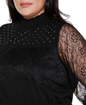 Plus Size Mixed-Media Embellished Knit Top