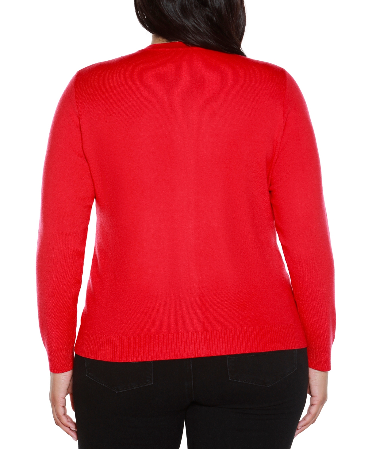 Belldini Plus Size Crewneck Embellished Zip Cardigan Sweater In Red