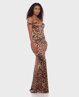 Juniors' Animal Print Off-The-Shoulder Long Gown