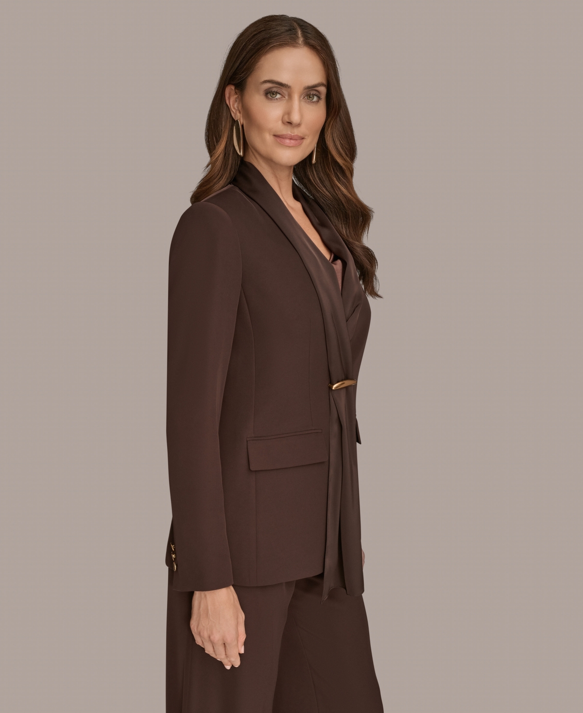 Donna Karan Women's Petites Mixed Media Draped Neck Blazer, Regular & Petite In Brown