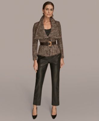 Women's Wide Lapel Collar Belted Tweed Blazer