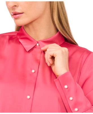 Women's Luxe Satin Imitation Pearl Button Down Blouse