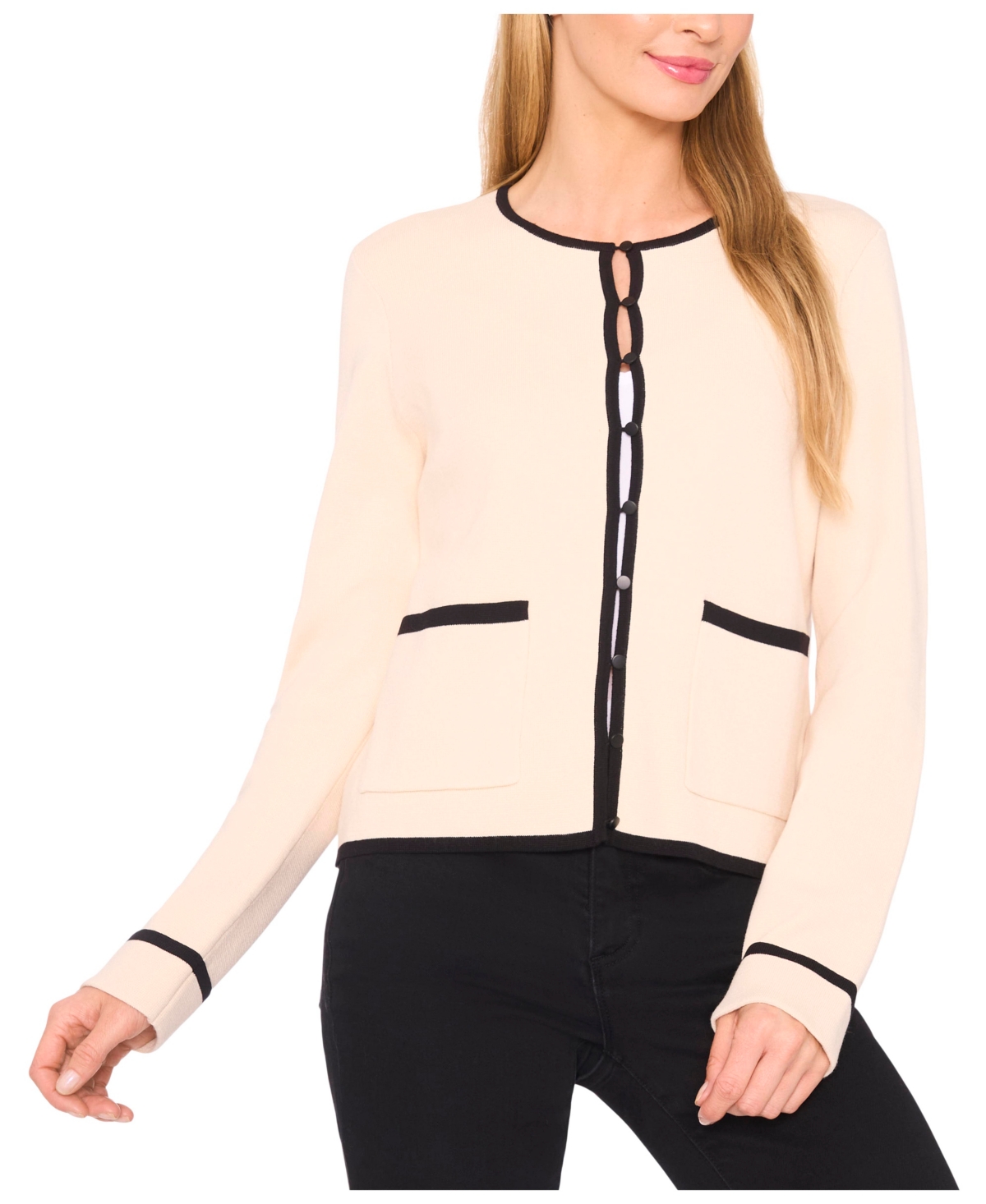 Cece Women's Patch Pocket Tipping Cardigan Sweater In Neutral