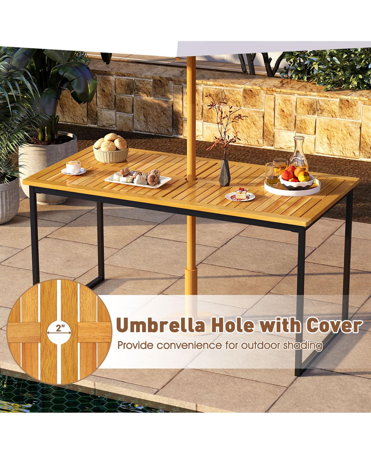 Gymax 3 Pcs Outdoor Dining Set for 6 w/Acacia Wood Tabletop Metal Frame Umbrella Hole