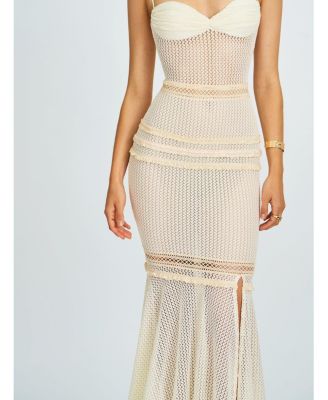 Women's Pallas Beige Lace Trim Crochet Mermaid Maxi Dress