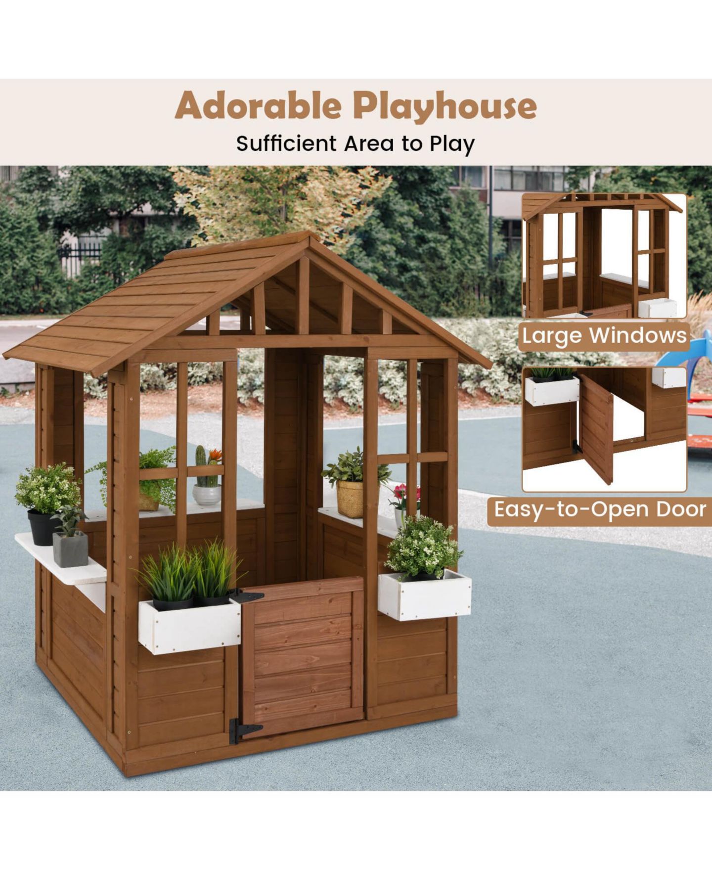 Детская игрушка Costway Outdoor Playhouse Wood Adventures Cottage with Serving Stations & Door, цвет: Натуральный — фото 5