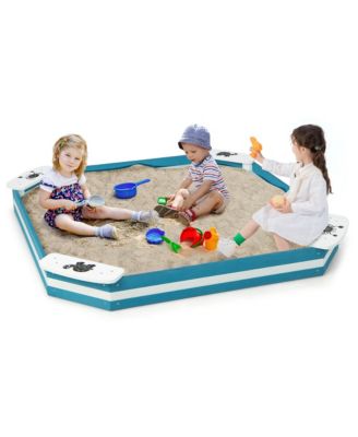 Outdoor Wooden Sandbox with Animal Patterns Seats Backyard Bottomless Sandpit