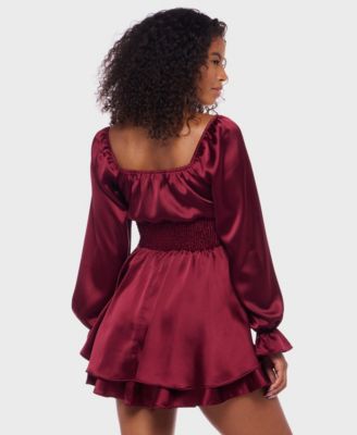 Juniors' Satin Tie-Neck Smocked-Waist Dress