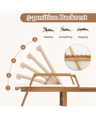 Outdoor Chaise Lounge with  Adjustable 5-position Backrest Solid Wood Frame