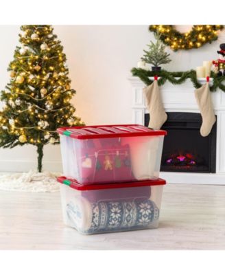 94 Quart Stackable Holiday Plastic Storage Bins with Lids and Latching Buckles, Clear/Red - 2 Pack