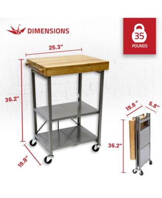 Foldable Wheeled Portable Solid Wood Top Kitchen Island Bar Cart, Silver