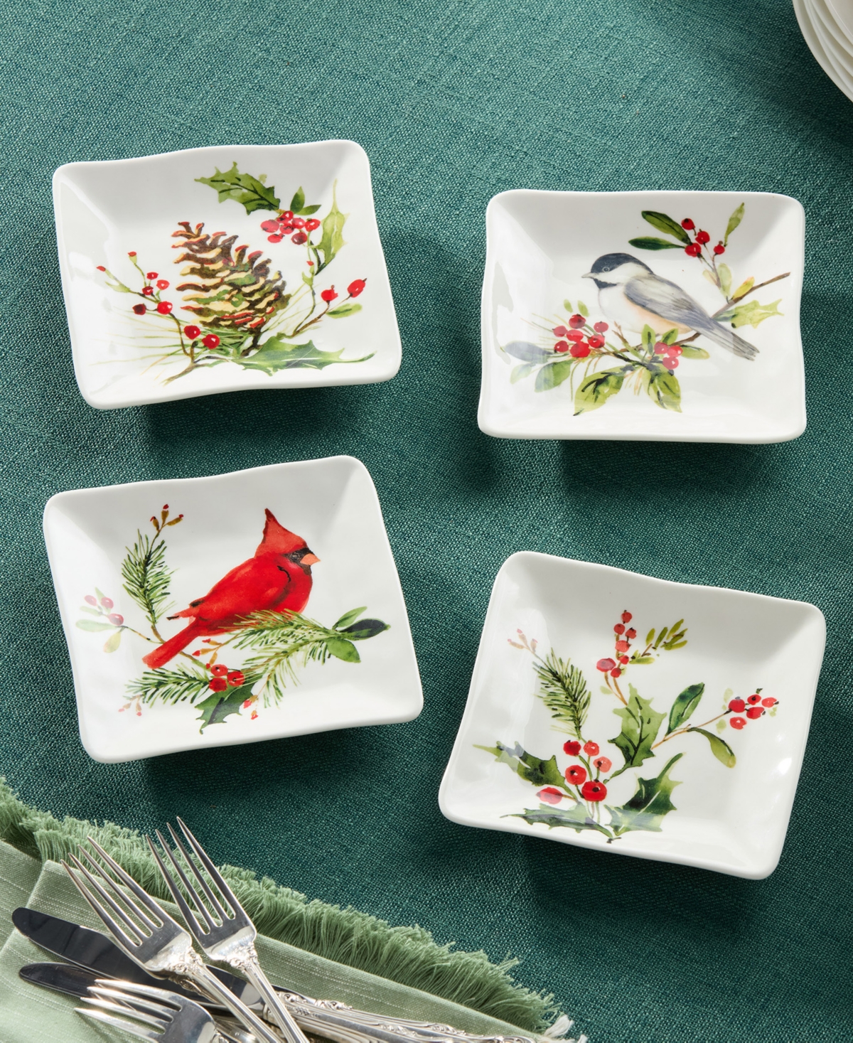 Certified International Holly & Vines Set Of 4 Canape Plates In Multi