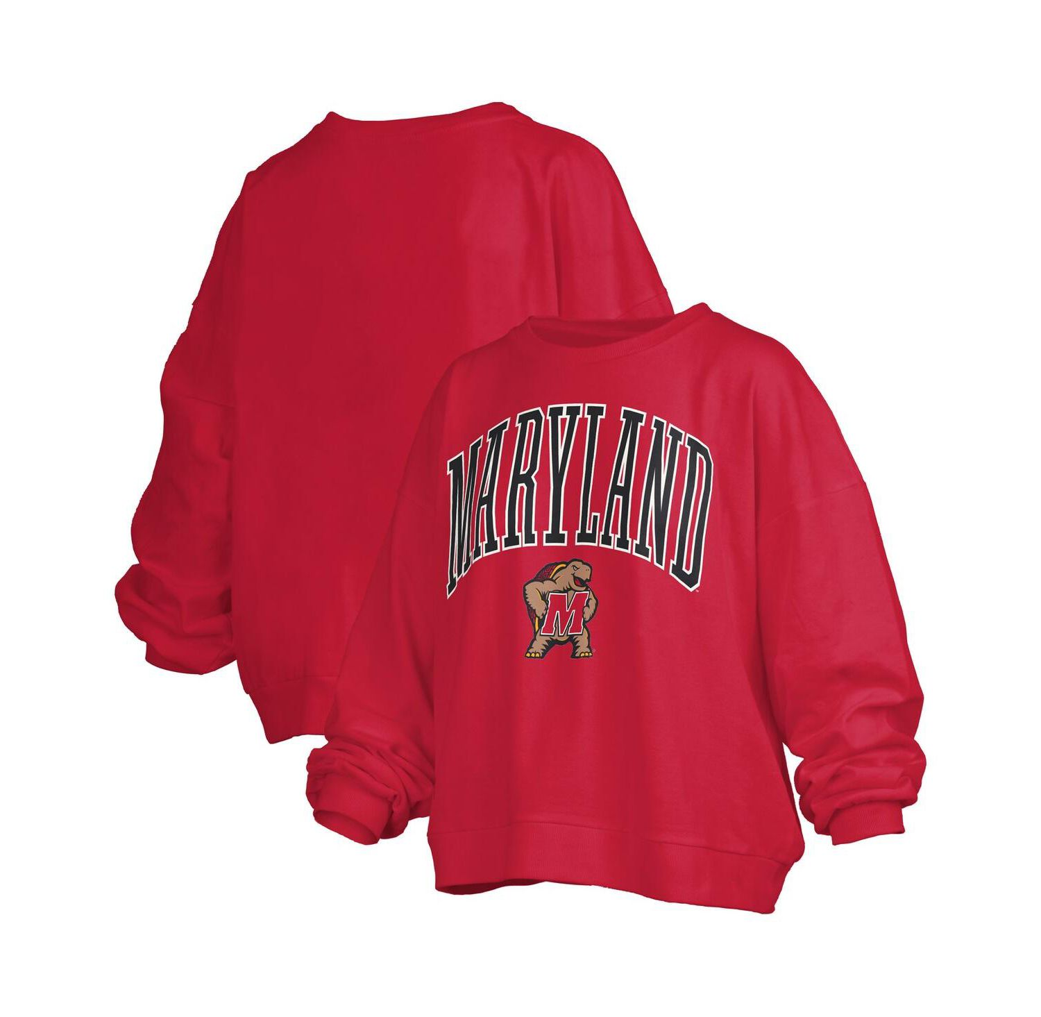 Women's Red Maryland Terrapins Janise Arch Over Logo Waist Length Oversized Pullover Sweatshirt