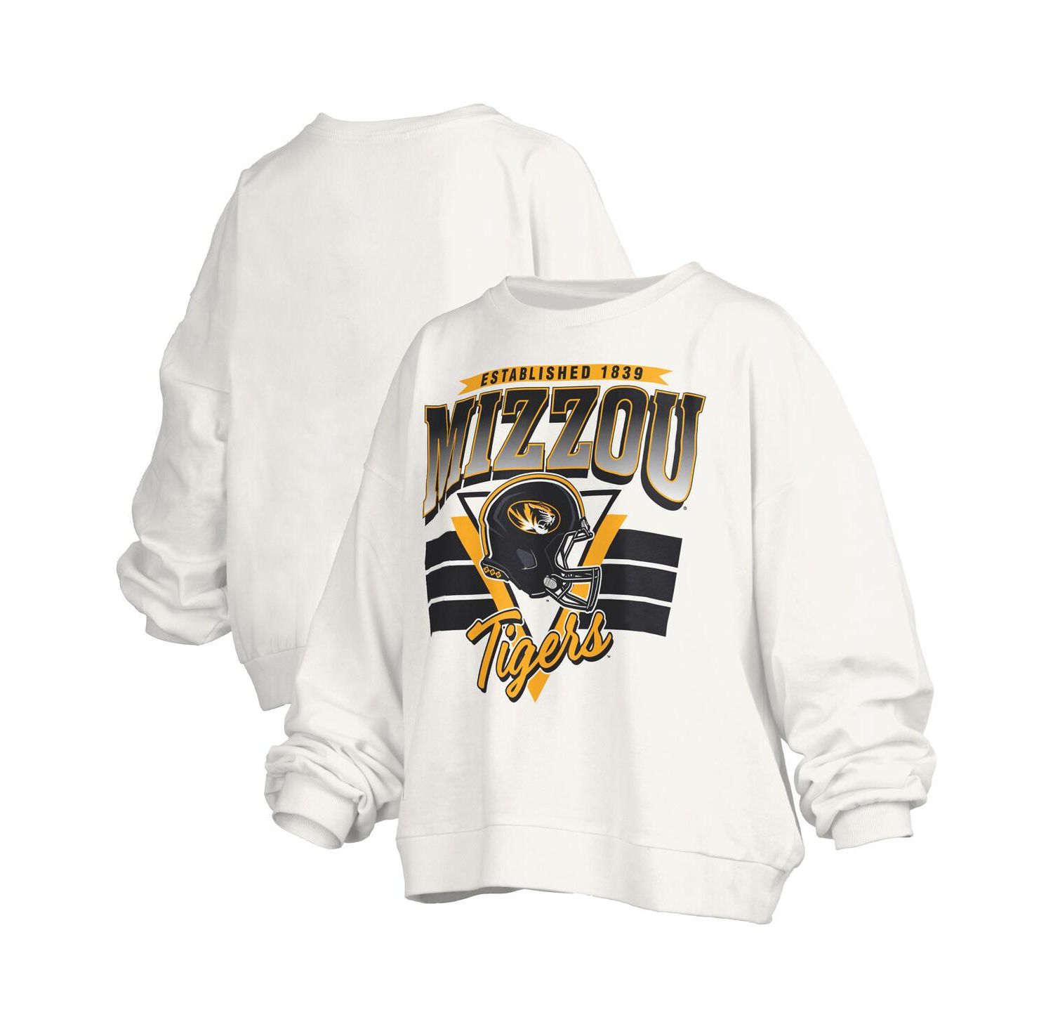 Women's White Missouri Tigers Oversized Janice Retro Waist-Length Pullover Sweatshirt