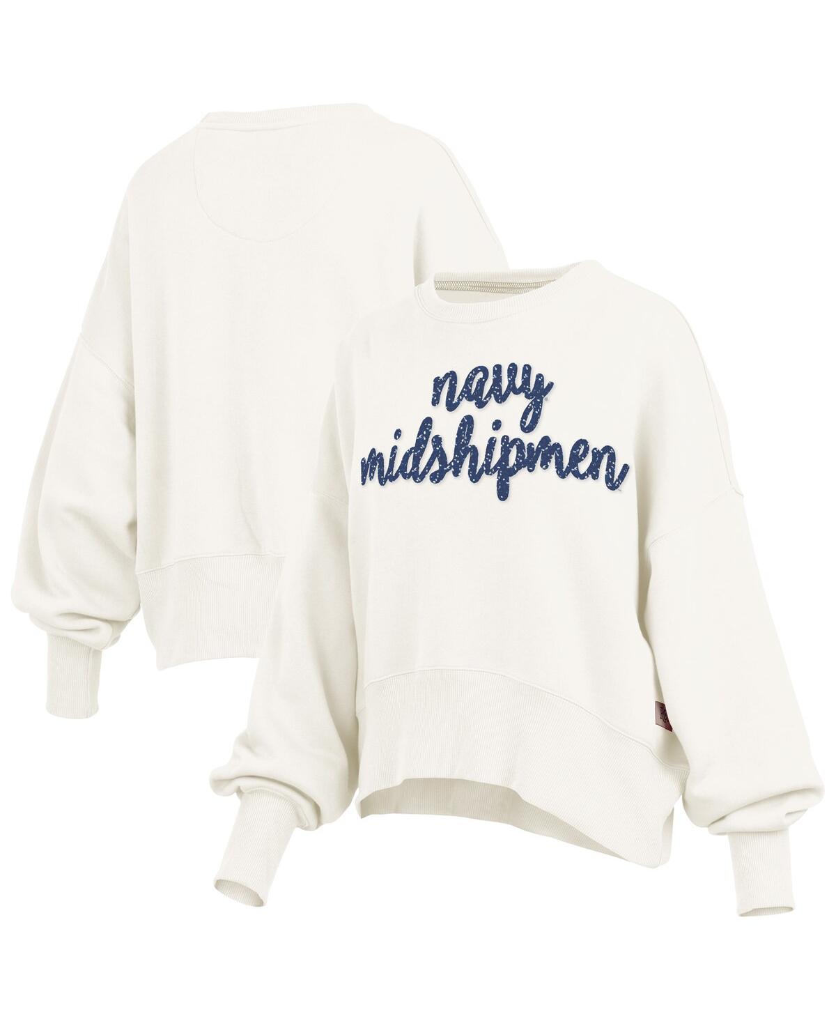 Pressbox Cream Navy Midshipmen Oversized Chelsea Waist Length Pullover Sweatshirt In White