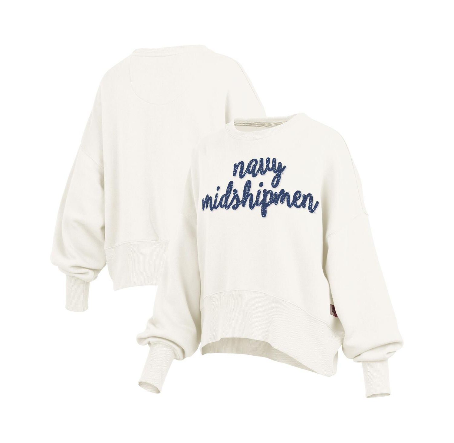 Women's Cream Navy Midshipmen Oversized Chelsea Waist Length Pullover Sweatshirt