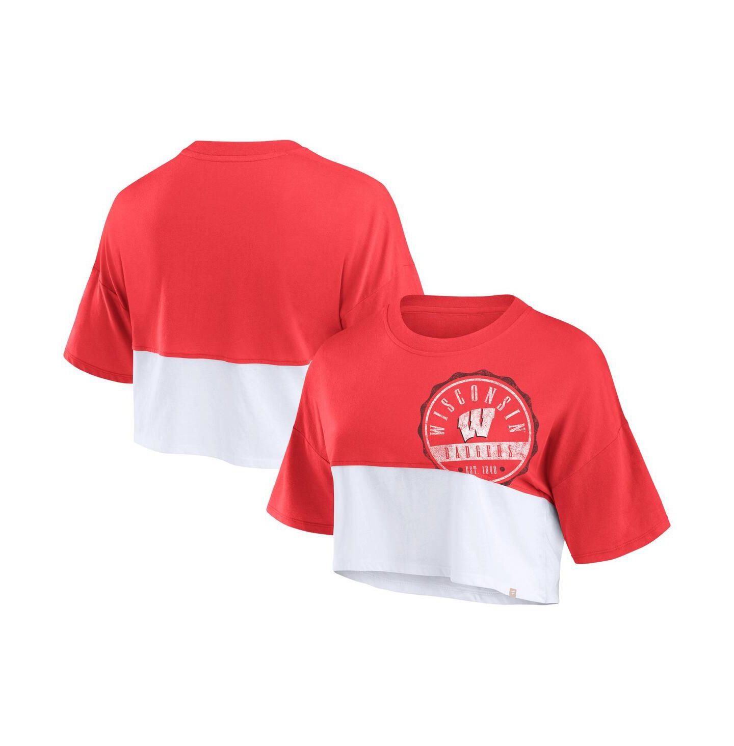 Женская футболка Fanatics Red/White Wisconsin Badgers Oversized Badge Color Block Cropped — фото 1