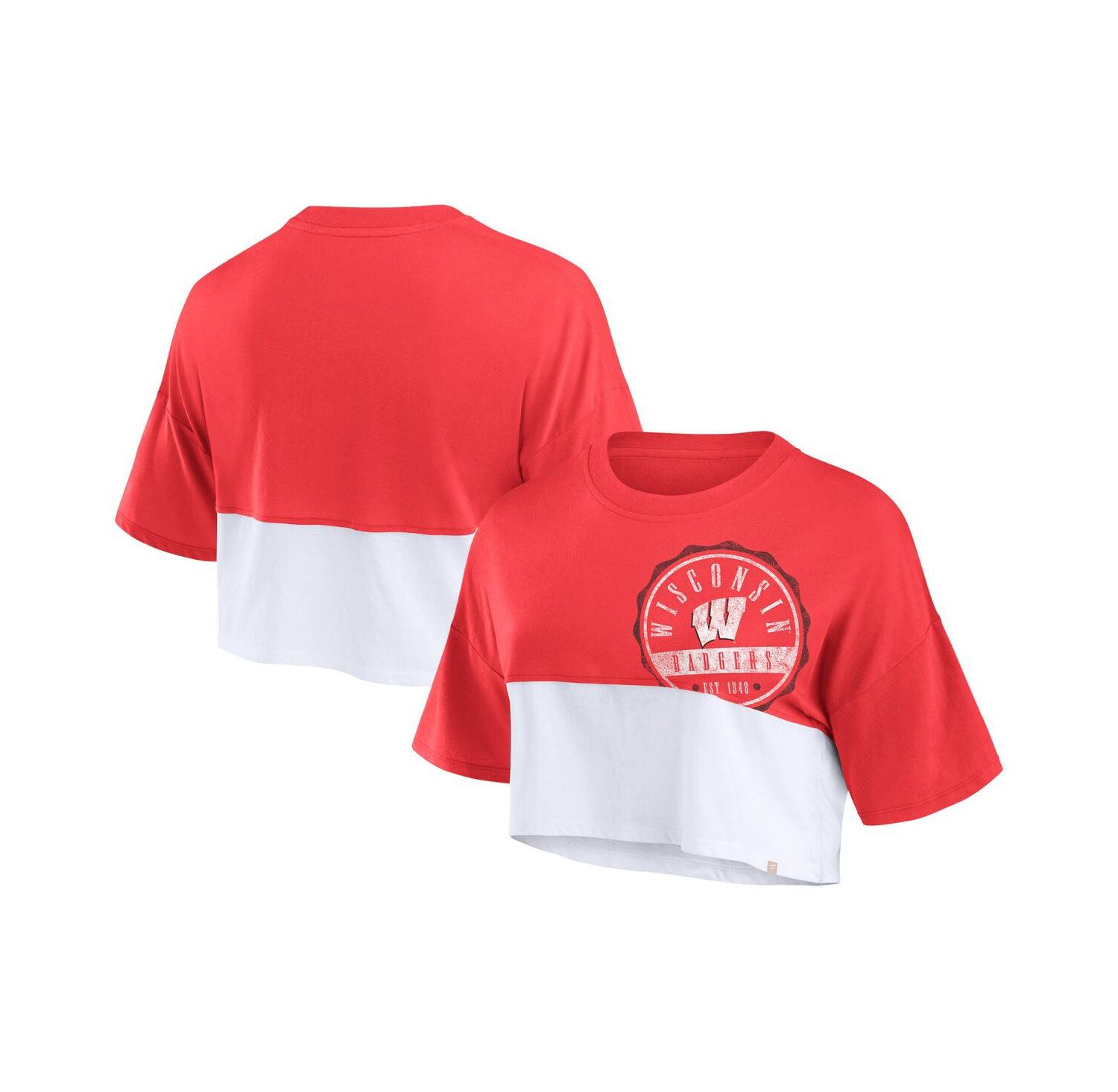 Women's Red/White Wisconsin Badgers Oversized Badge Color Block Cropped T-Shirt