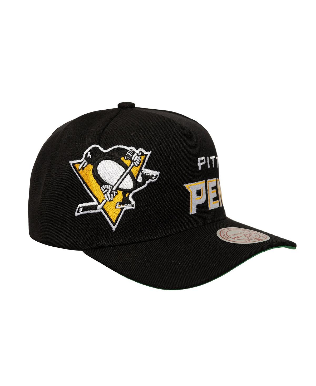 Mitchell & Ness Men's Black Pittsburgh Penguins Busted Logo Wordmark Wrap-around Pro Pinch Adjustable Hat In Black
