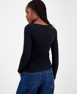 Juniors' Long-Sleeve Asymmetrical Boat-Neck Top