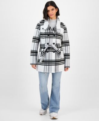 Juniors' Plaid Micro-Fleece Belted Jacket