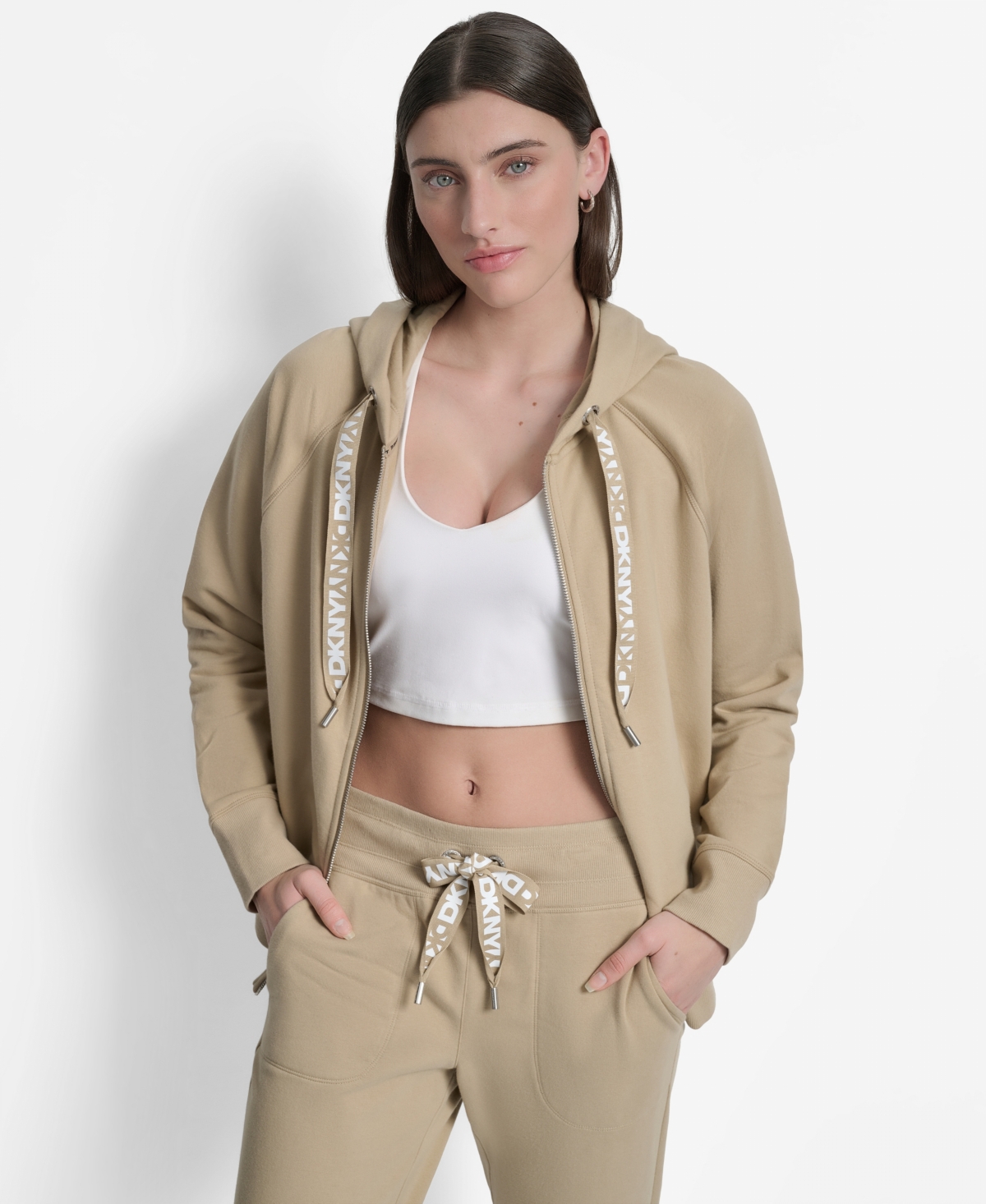 Dkny Sport Women's Two-tone Zip-front Long-sleeve Hoodie In Neutral