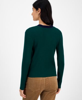 Women's Contrast Trim V-Neck Button-Front Cardigan