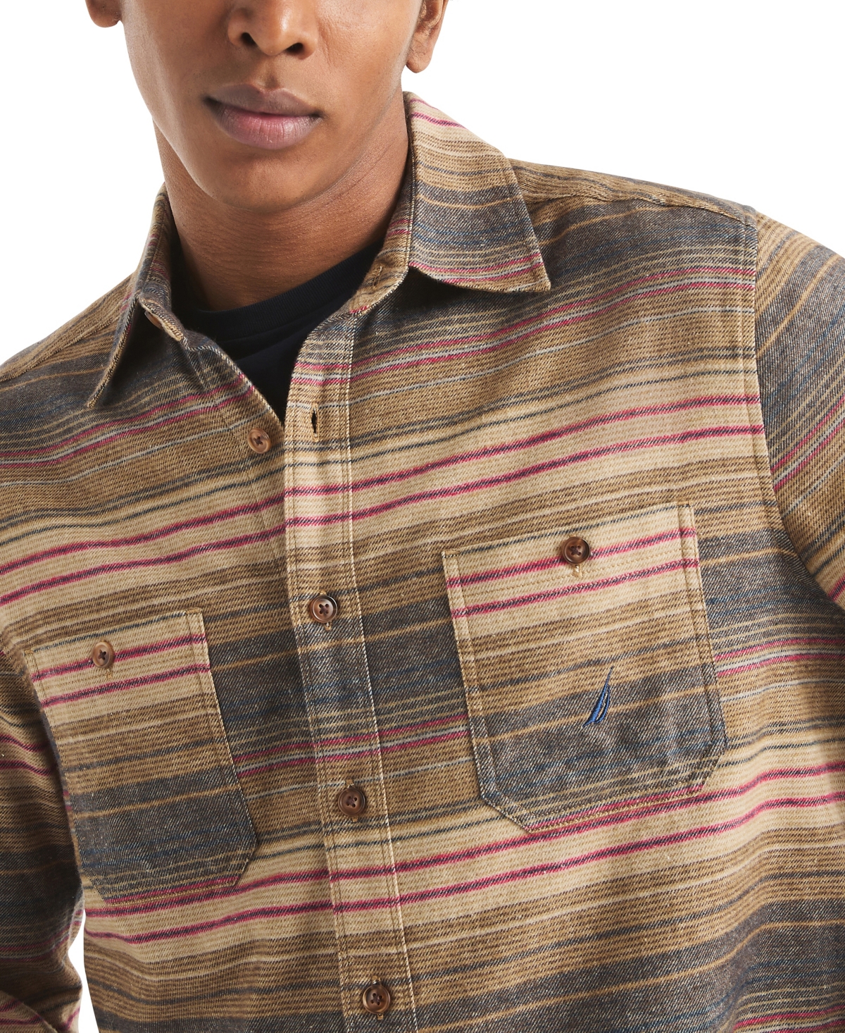 Nautica Mens Striped Flannel Shirt In Brown