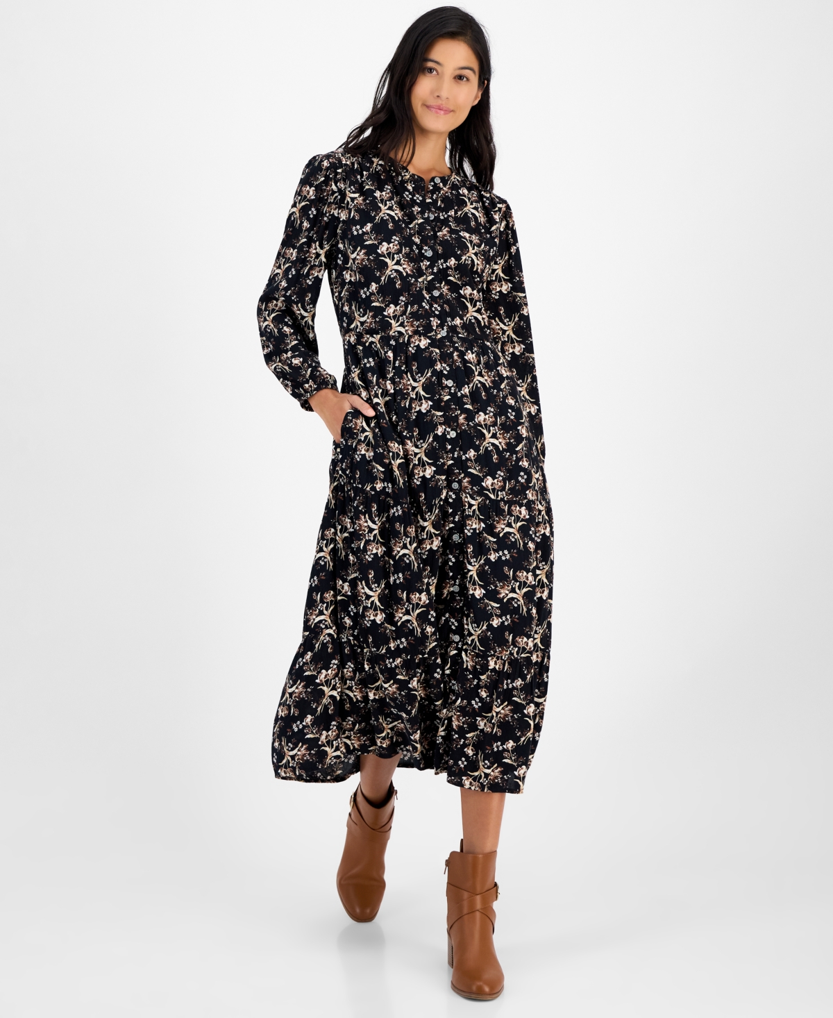 Style & Co Petite Essex Floral Tiered Button-front Dress, Macy's Exclusive In Black