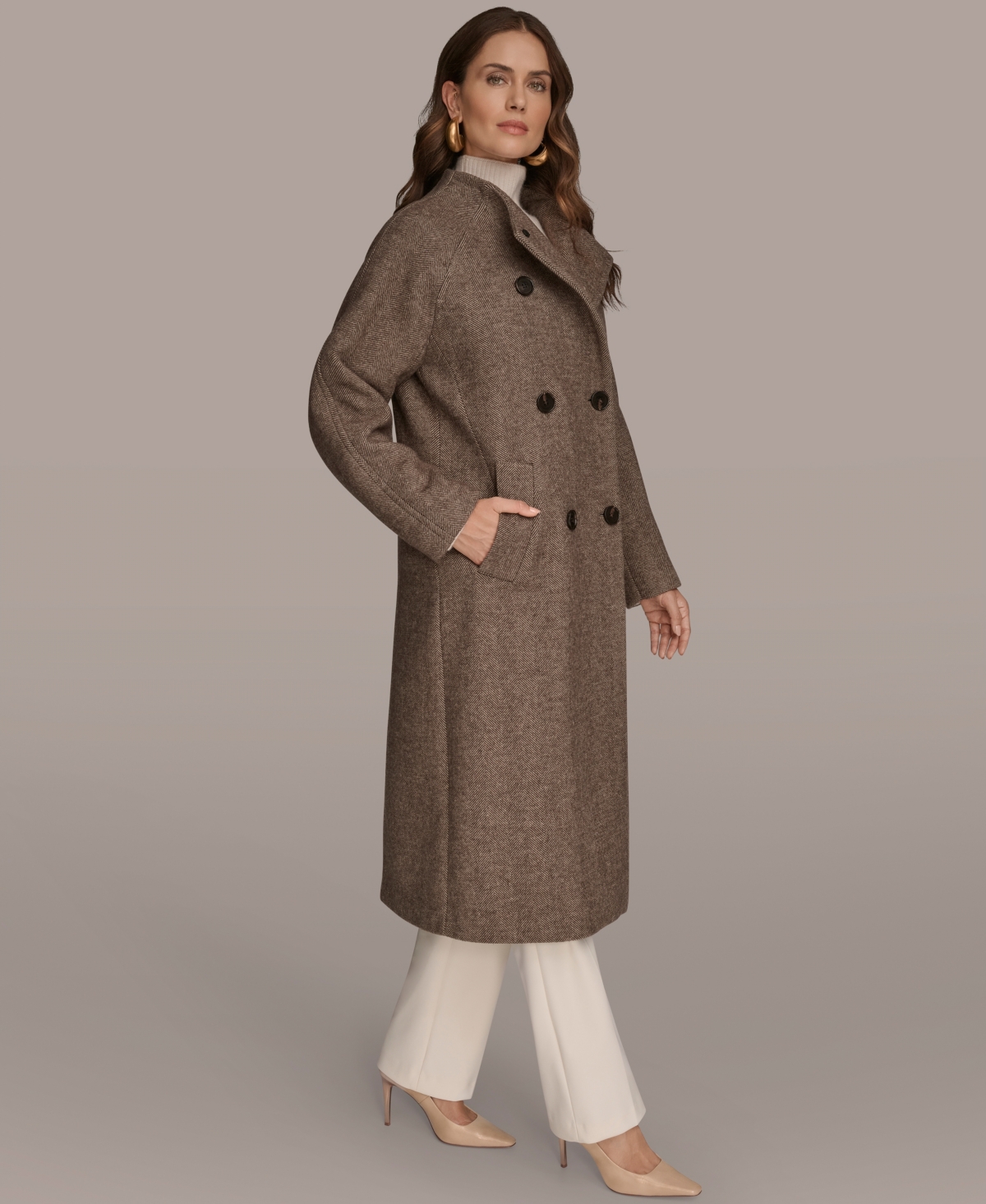 Donna Karan Women's Buttoned Maxi Wool-blend Coat In Brown