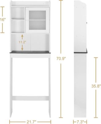 White Over The Bathroom Storage Cabinet, Freestanding Wood Space-Saving Organizer with Glass Door & Adjustable Shelves