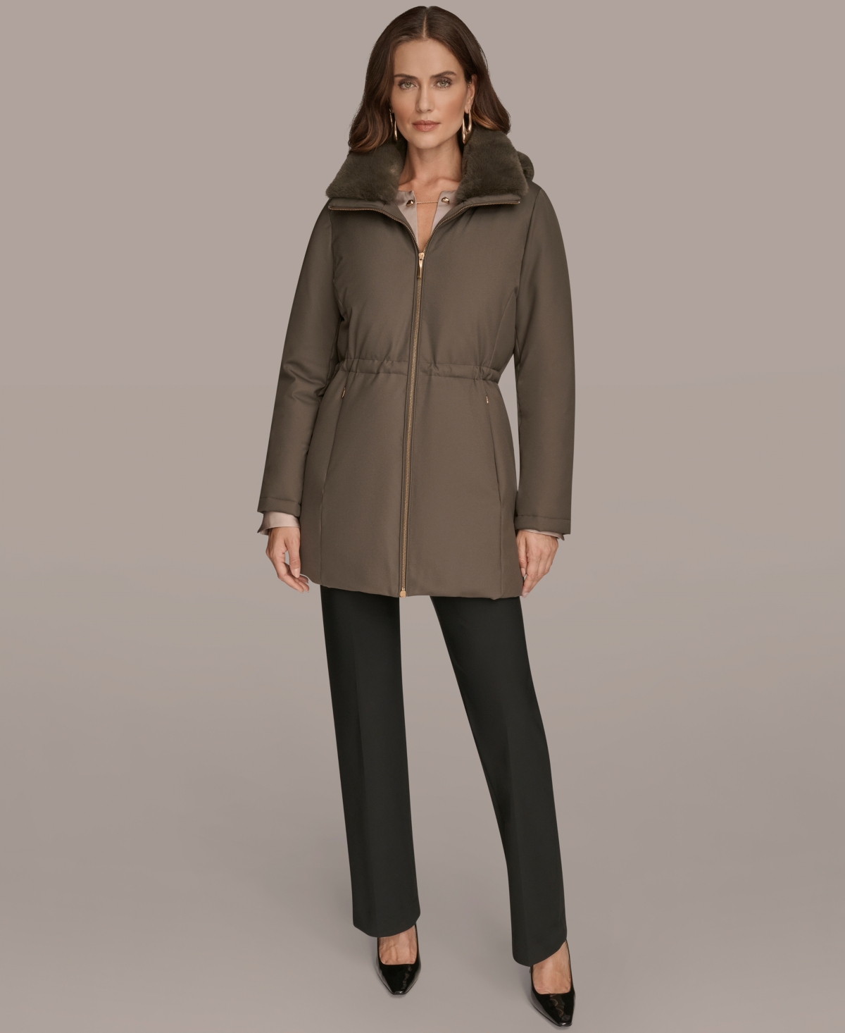 Donna Karan Women's Faux-fur-collar Short Puffer Coat In Brown