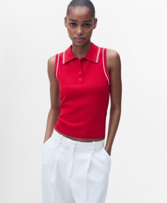 MANGO - Women's Contrasting Trims Polo-Neck Knitted Top