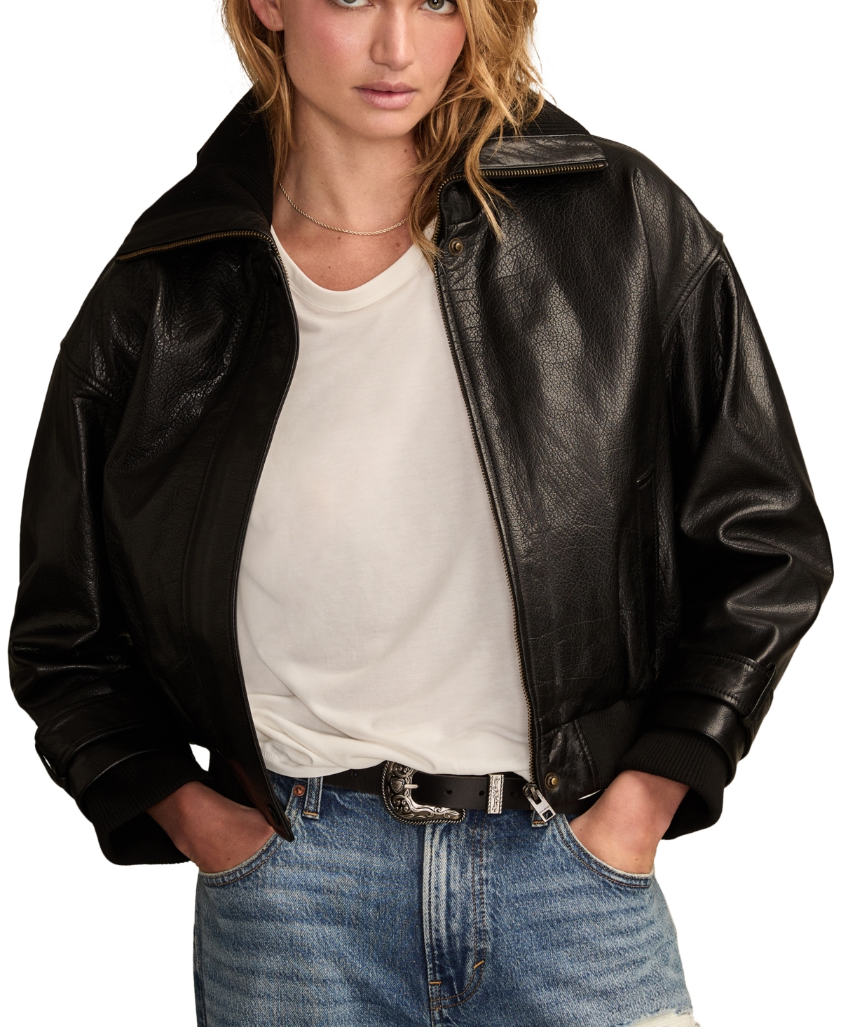 Lucky Brand Women's Exaggerated Collar Leather Jacket In Black