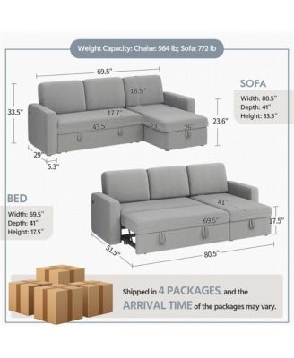 L-Shaped Reversible Sleeper Sectional Sofa with Chaise & USB & Type-C Ports Dark Gray