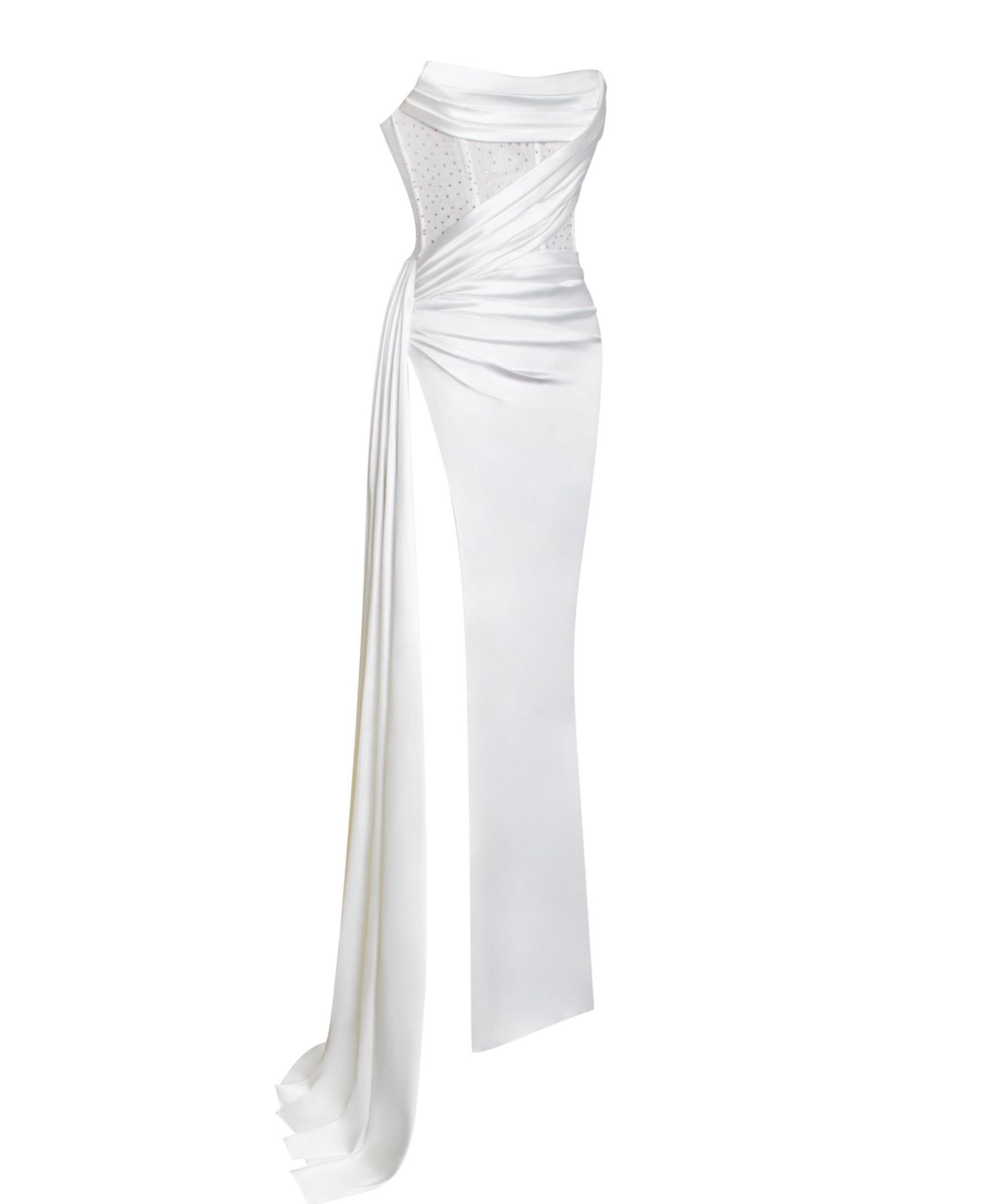 Women Holly White Crystallized Corset High Slit Satin Gown