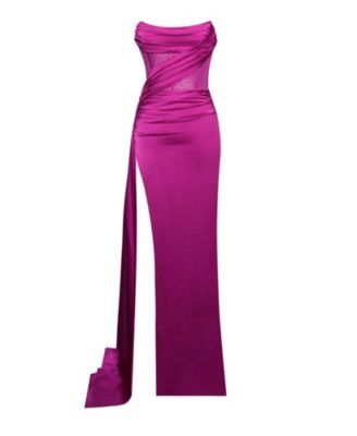 Women Holly Fuchsia Crystallized Corset High Slit Satin Gown