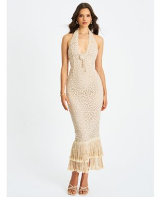 Women Faelyn Off-White Double Fringe Crochet Halter Maxi Dress