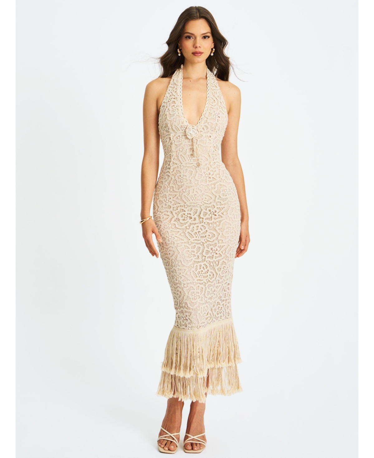 Miss Circle Women Faelyn Off-White Double Fringe Crochet Halter Maxi Dress