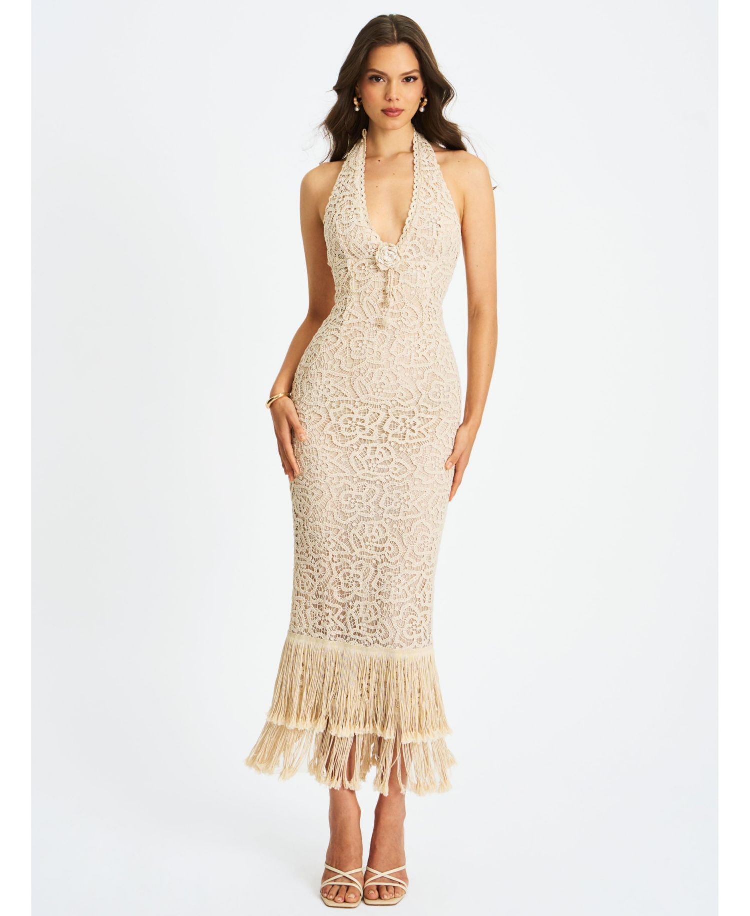 Women Faelyn Off-White Double Fringe Crochet Halter Maxi Dress
