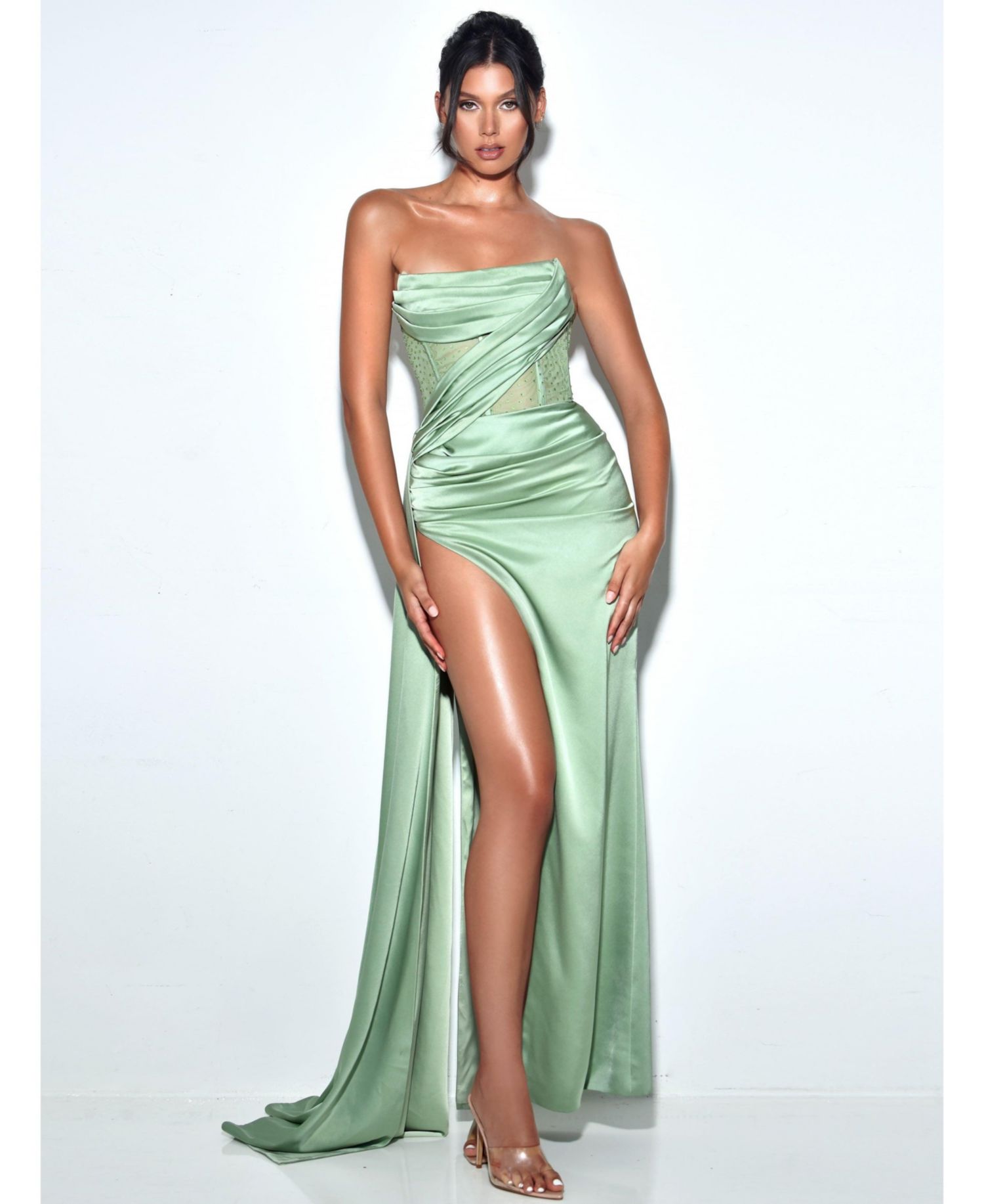 Women Holly Basil Crystallized Corset High Slit Satin Gown