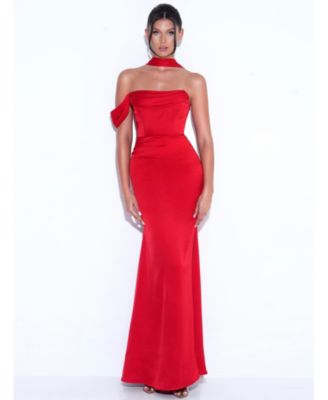 Women Ivona Red Halter Neck Double Duchess Satin Gown