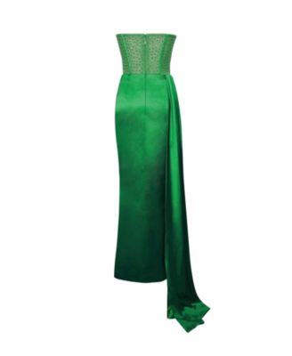 Women's Holly Green Crystallized Corset High Slit Satin Gown
