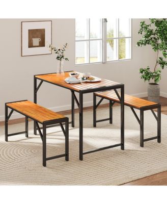 3 PCS Dining Set for 4 People Outdoor Picnic Table & 2 Benches w/ Metal Frame