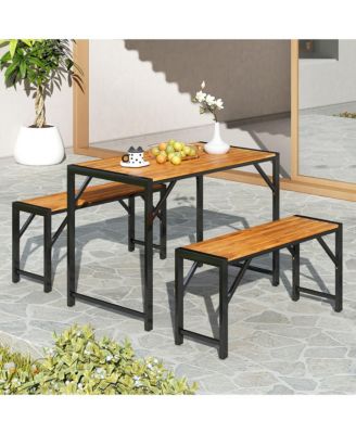 3 PCS Dining Set for 4 People Outdoor Picnic Table & 2 Benches w/ Metal Frame