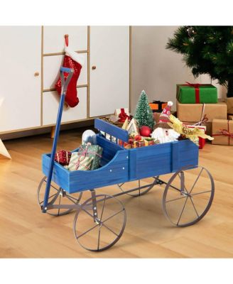 Patio Wooden Garden Flower Planter Wagon Plant Bed W/ Wheel Garden Yard  24.5'' x 13.5'' x 24''