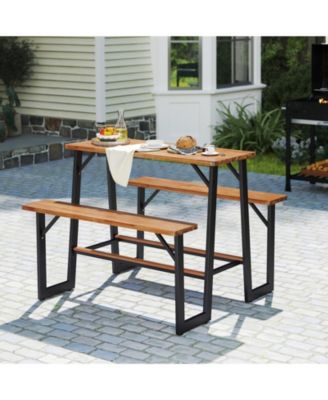 Outdoor Picnic Table for 4 Acacia Wood Rectangular Picnic Table w/ 2 Built-in Benches