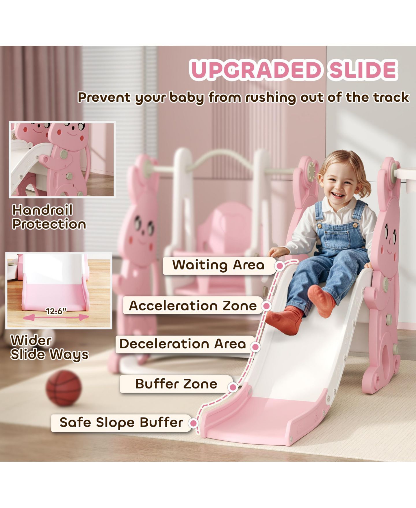 Детские игрушки Qaba 4-in-1 Toddler Slide and Swing Set with Climber and Basketball Hoop, Ages 18 Months+, цвет: Розовый — фото 4