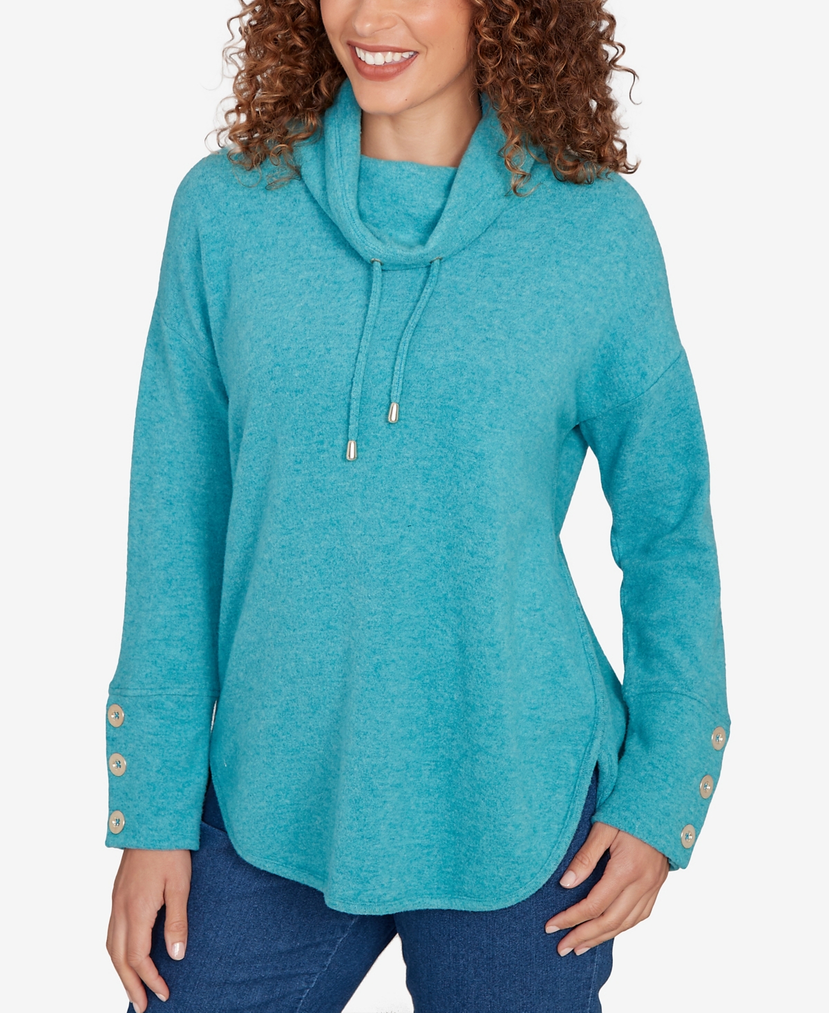 Ruby Rd. Petite Cozy Cowl Neck Drawstring Top In Blue