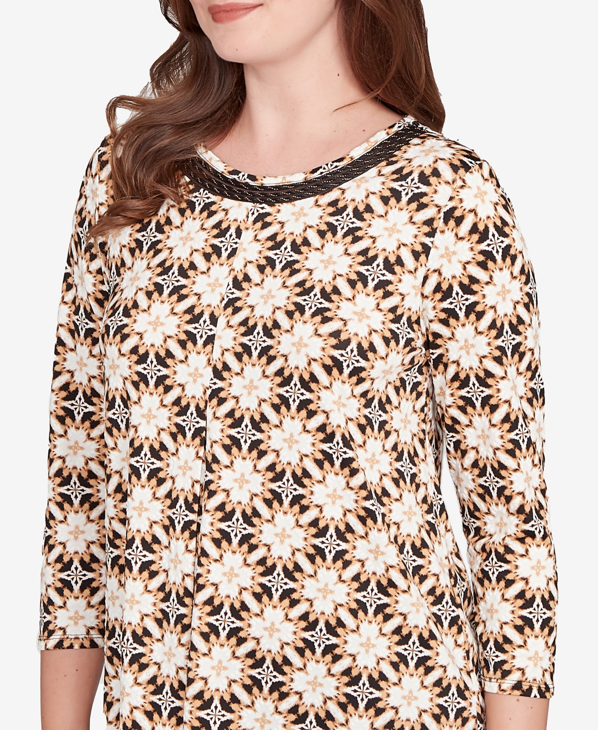 Ruby Rd. Petite Mesh Textured Geo Puff Print Top In Multi